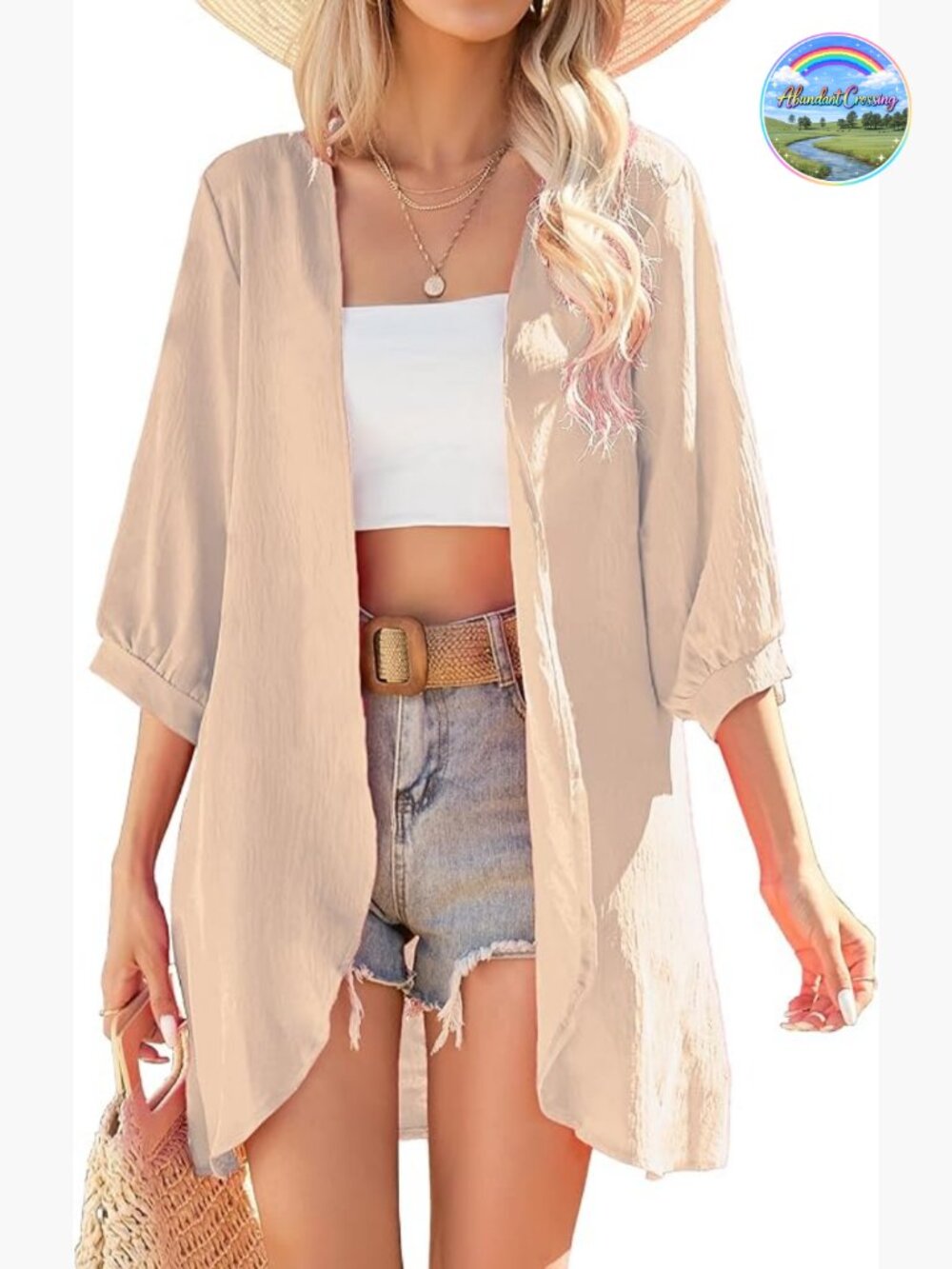 Lightweight 3/4 Sleeve Kimono Cardigan Beach Cover Up Loose Fit